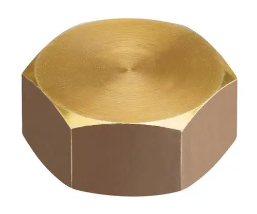 Oventrop Metallverschlusskappe mit einer hexagonalen Form und glattem, goldfarbenem Oberflächenfinish, geeignet für G 3/4 IG-Anwendungen.